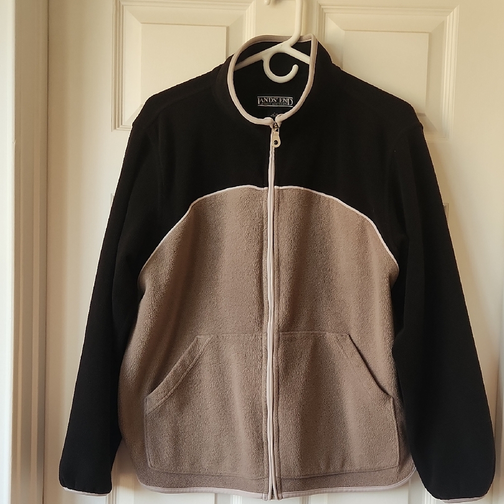 Lands' End Black and Taupe Color Block Fleece Jacket